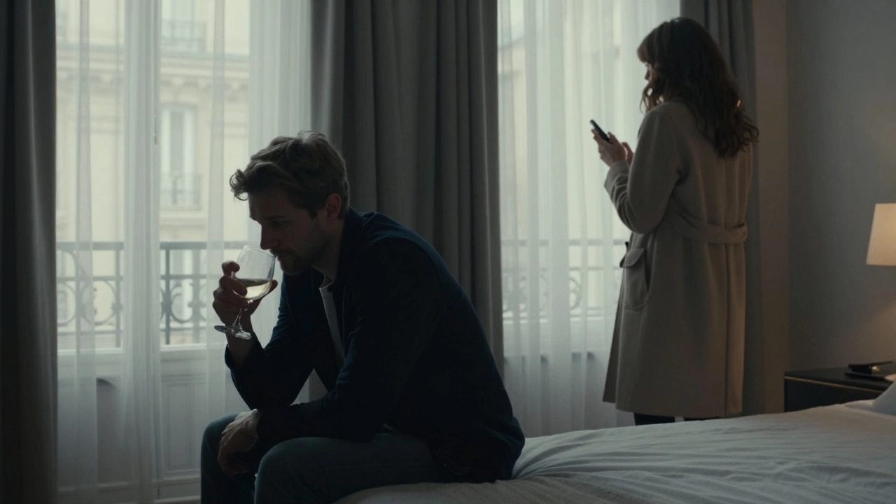 A man and woman sit silently in a hotel room, the air heavy with unspoken tension and emotional distance.