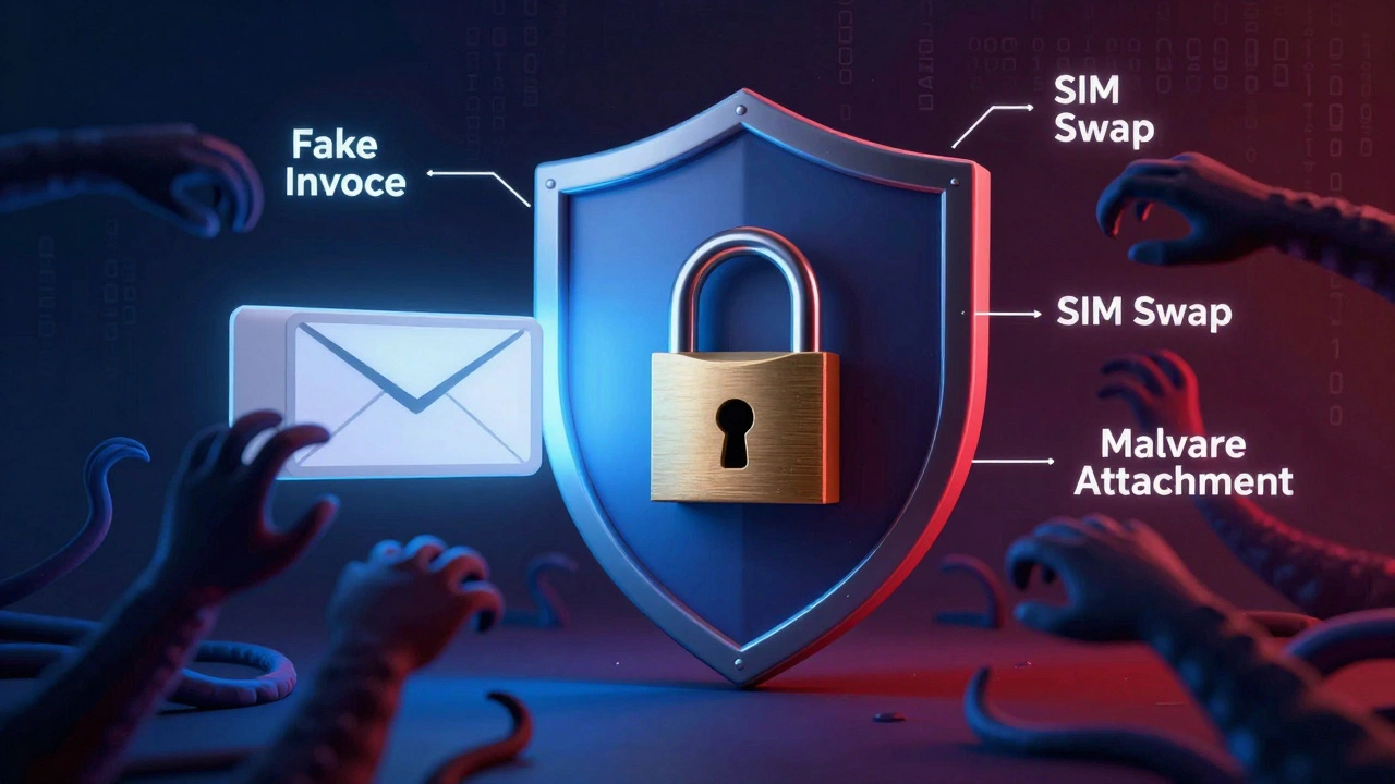 A shield of locks protecting an email inbox from digital threats.