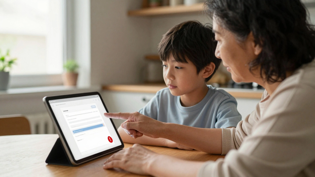 Grandmother and grandchild reviewing an email together on a tablet.